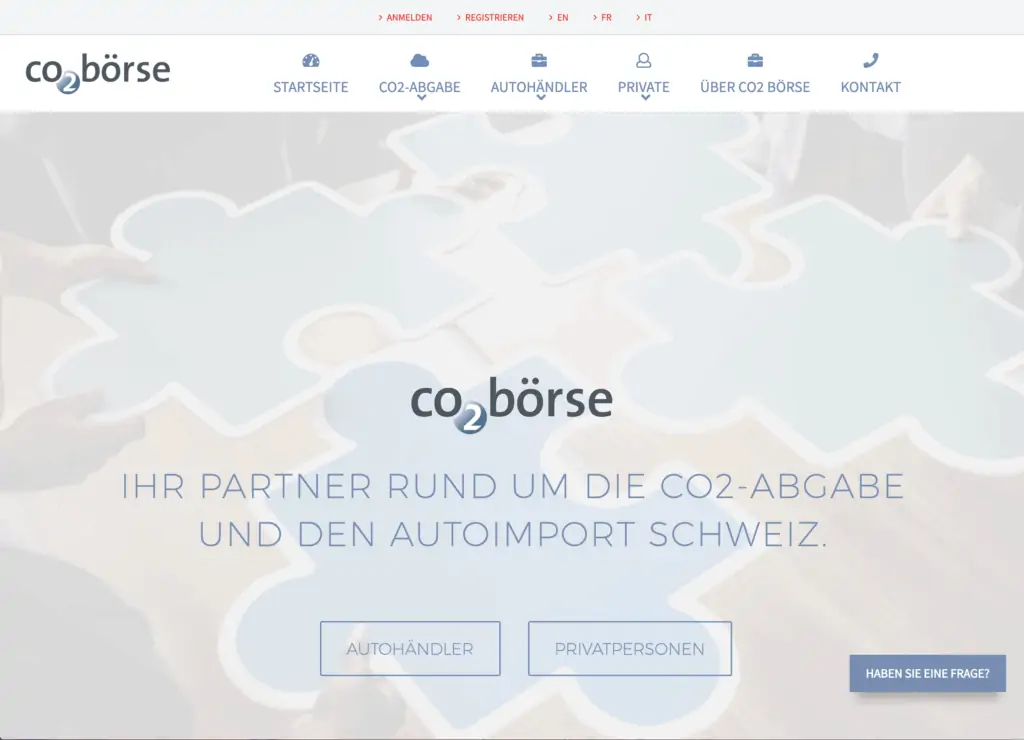 Die Homepage der CO2 Börse AG, einer Plattform für den CO2-Handel.