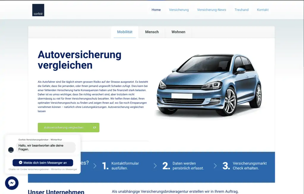 Eine Autohaus-Website mit einem blauen Auto und der Corbie Versicherung.