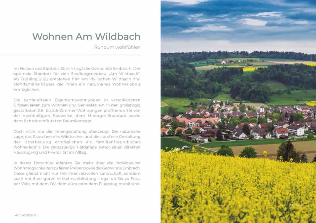 Eine Broschüre mit einem malerischen Dorf und leuchtend gelben Blumen.