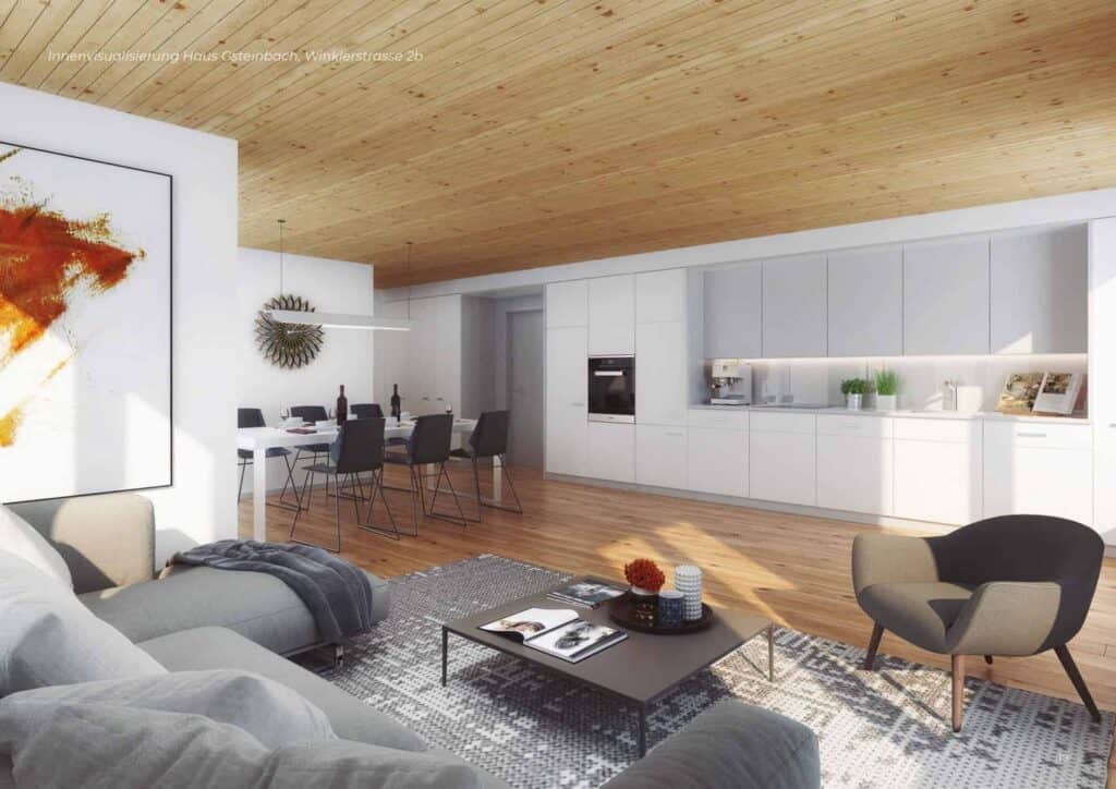 Eine Darstellung eines Wohnzimmers mit Holzdecken aus der Broschüre - Am Wildbach.