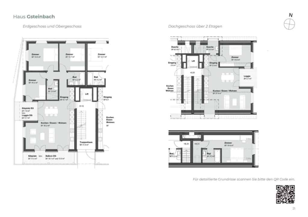 Eine Broschüre mit dem Grundriss eines Hauses mit zwei Schlafzimmern und einem Wohnzimmer, gelegen Am Wildbach.