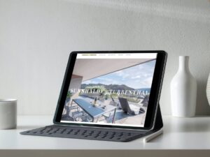 Eine Webseite mit einem iPad, das auf einem Tisch neben einer Vase angezeigt wird.