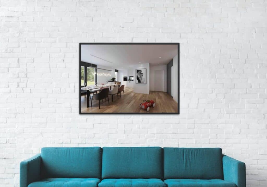 3D-Visualisierung eines Wohnzimmers mit einer blauen Couch und einem Holzboden im Wohnbereiche.