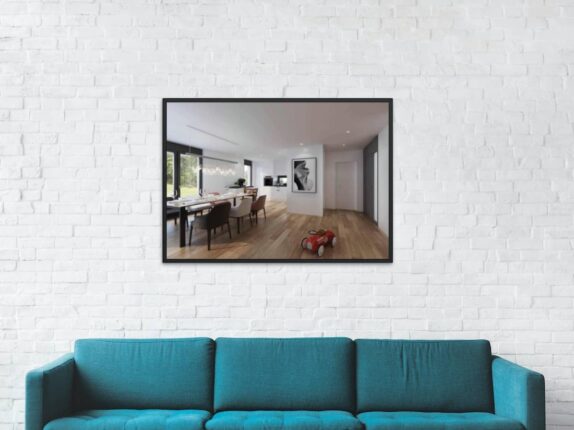 3D-Visualisierung eines Wohnzimmers mit einer blauen Couch und einem Holzboden im Wohnbereiche.