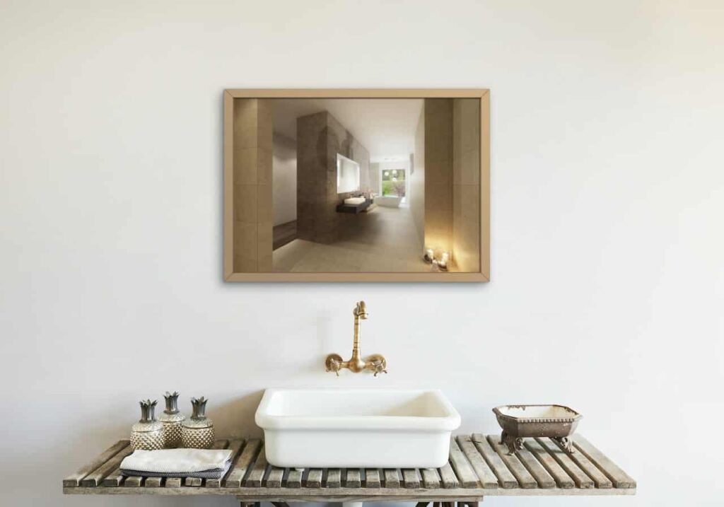 Eine 3D-Visualisierung eines Badezimmers mit einem Waschbecken und einem Spiegel darüber.