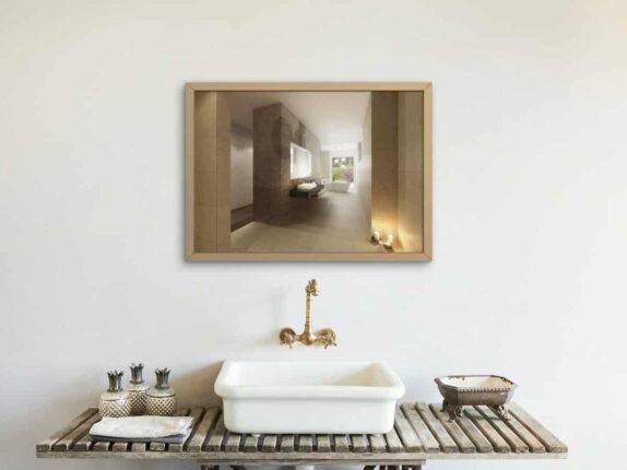 Eine 3D-Visualisierung eines Badezimmers mit einem Waschbecken und einem Spiegel darüber.